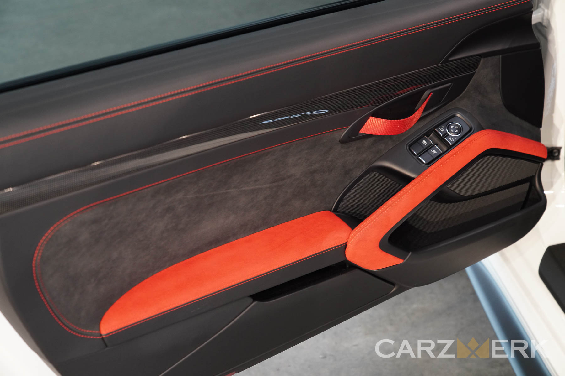 2018 Porsche GT2RS - White C9A - Door Panel - Red Stitching - Red Alcantara - Carbon Fiber Insert