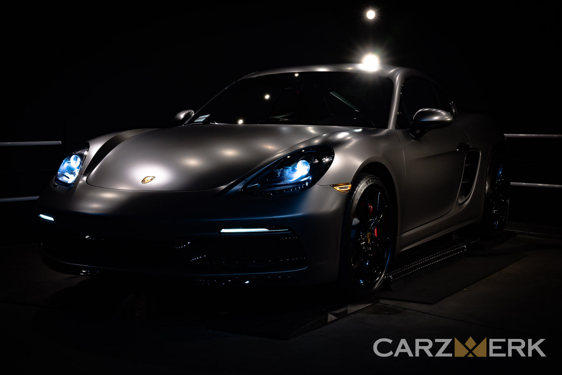 2020 Porsche Cayman S - Agate Grey Metallic wrapped in Suntek Matte PPF Paint Protection Film - Night Mode - Lights on