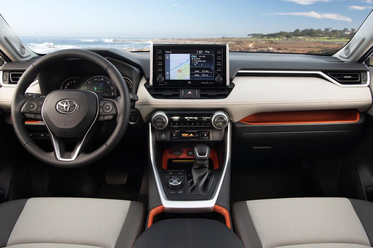 2023 toyota hybrid rav4 lunar rock interior from the middle, front view.