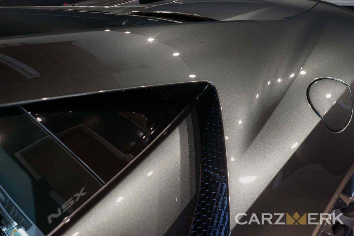 Paint Correction on the Driver Side Quarter Panel is completed for 2017 Acura NSX Nord Grey - NC1