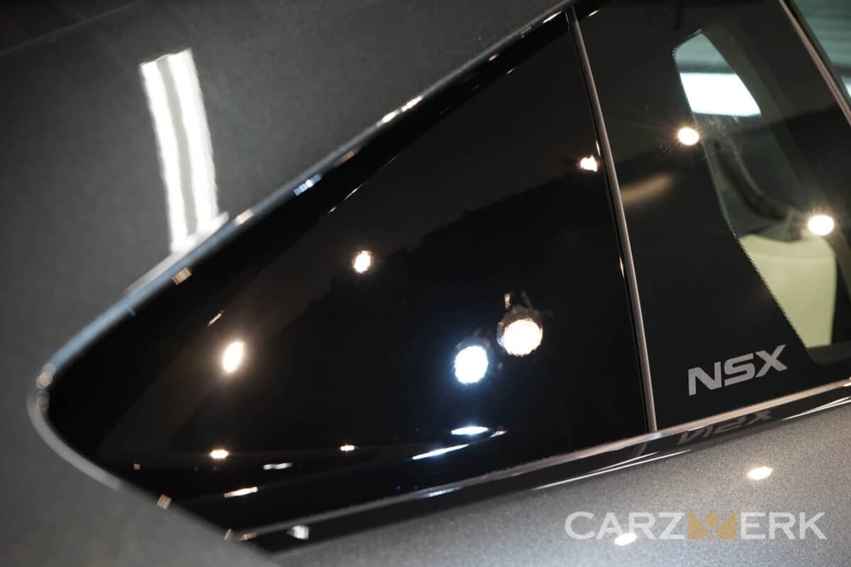 Paint Correction Quarter Panel Black Trim is completed for 2017 Acura NSX Nord Grey - NC1