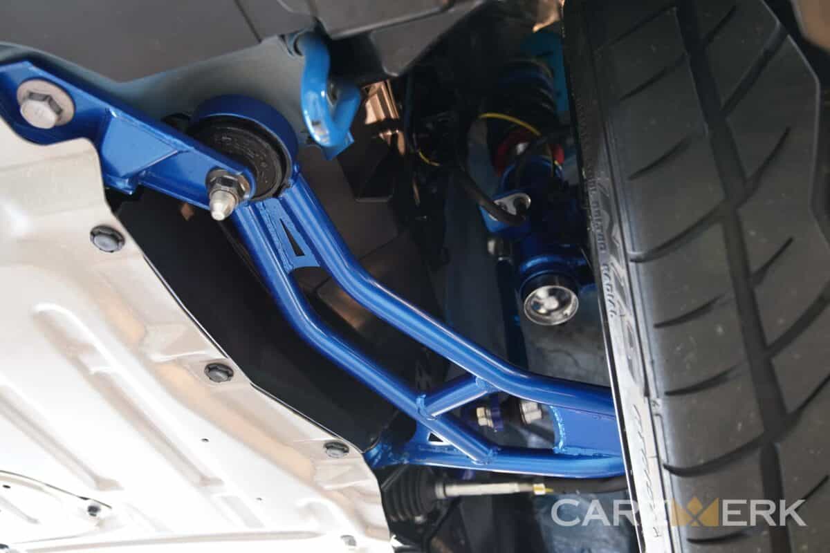 2022 Toyota GR86 Neptune Blue - ZN8 - Undercarriage after dry ice detailing - Showing Cusco Front Suspension Parts Driver Side