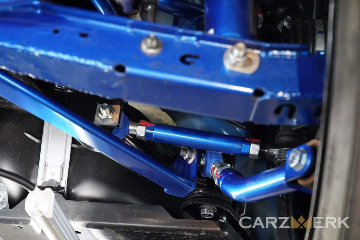 2022 Toyota GR86 Neptune Blue - ZN8 - Undercarriage after dry ice detailing - Showing Cusco Rear Suspension Parts Passenger Side
