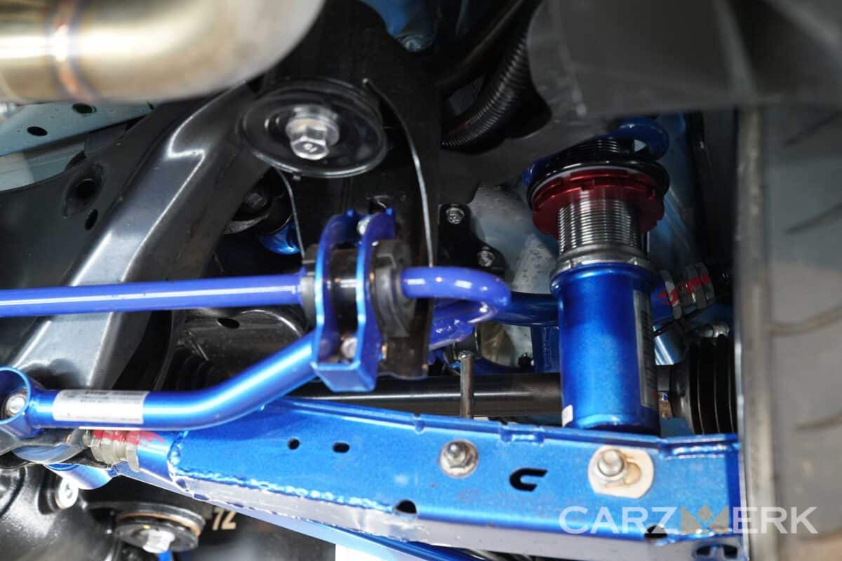 2022 Toyota GR86 Neptune Blue - ZN8 - Undercarriage after dry ice detailing - Showing Cusco Rear Suspension Parts Passenger Side