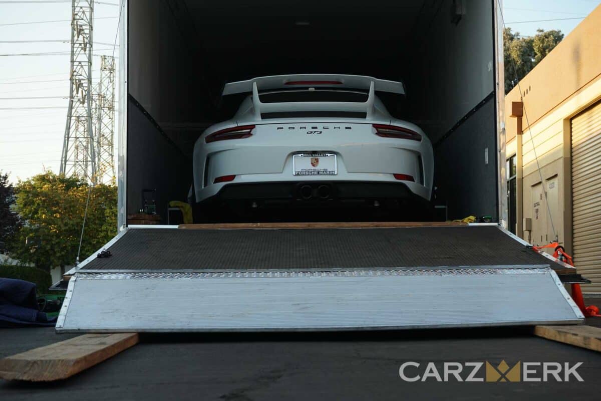 Fresh Porsche 991.2 GT3 in White Deliver to Carzwerk by enclosed trailer