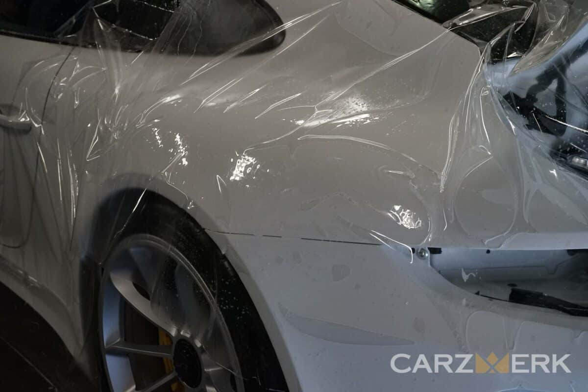 Custom Paint Protection Film Installation for Porsche 991.2 GT3 Quarter Panel in White