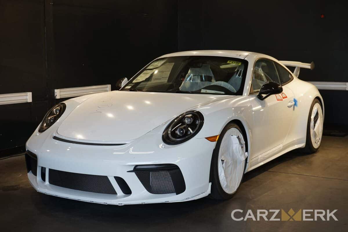Showing how a brand new Porsche 991.2 GT3 exterior delivered to the dealership before dealer's prep