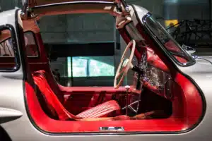 A red interior before luxury car repair.