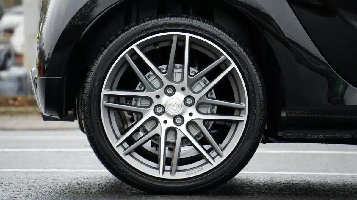 A close up of a tire on someone's car.