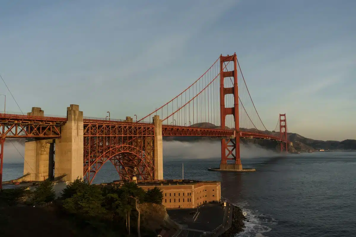 The Golden Gate Bridge in the SF Bay Area, where SF detailing is necessary in the salty air as seen in the photo.