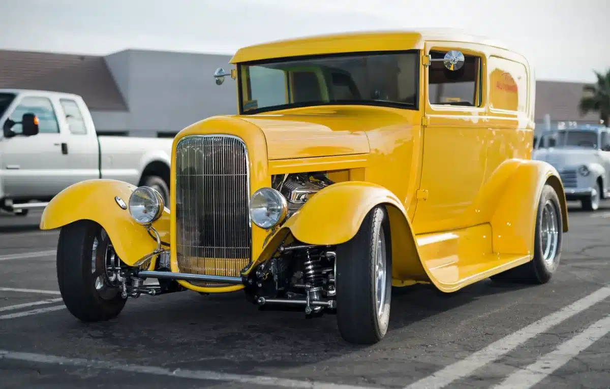 A yellow deuce coupe, one of the iconic American Graffiti cars.