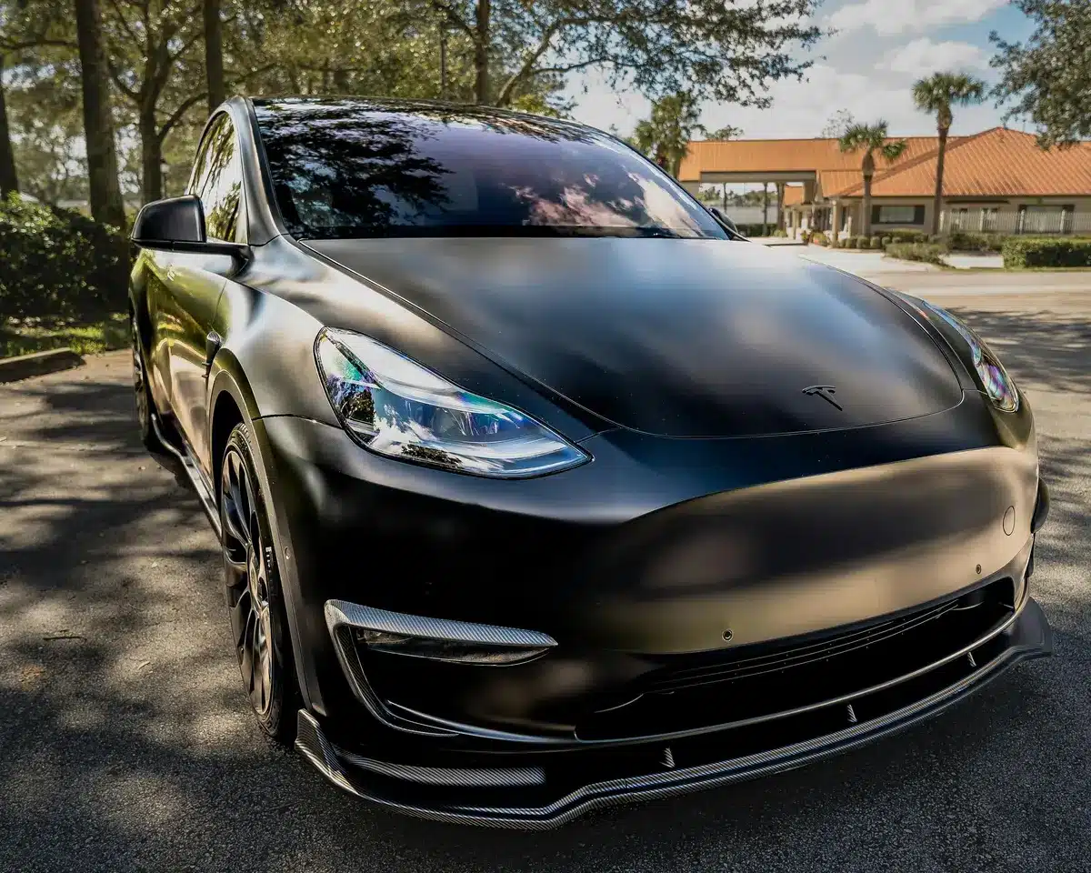 The front right corner of a Tesla with paint protection offered by a matte PPF layer. It's a sunny day, and palm trees stand tall in the background.