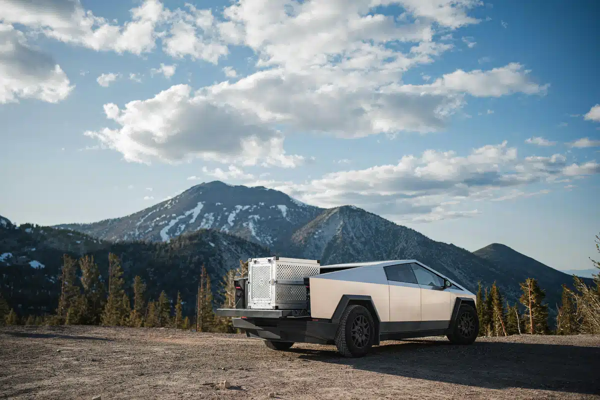 A silver Tesla Cybertruck in the mountains of northern California making its journey to Fremont for window tinting.
