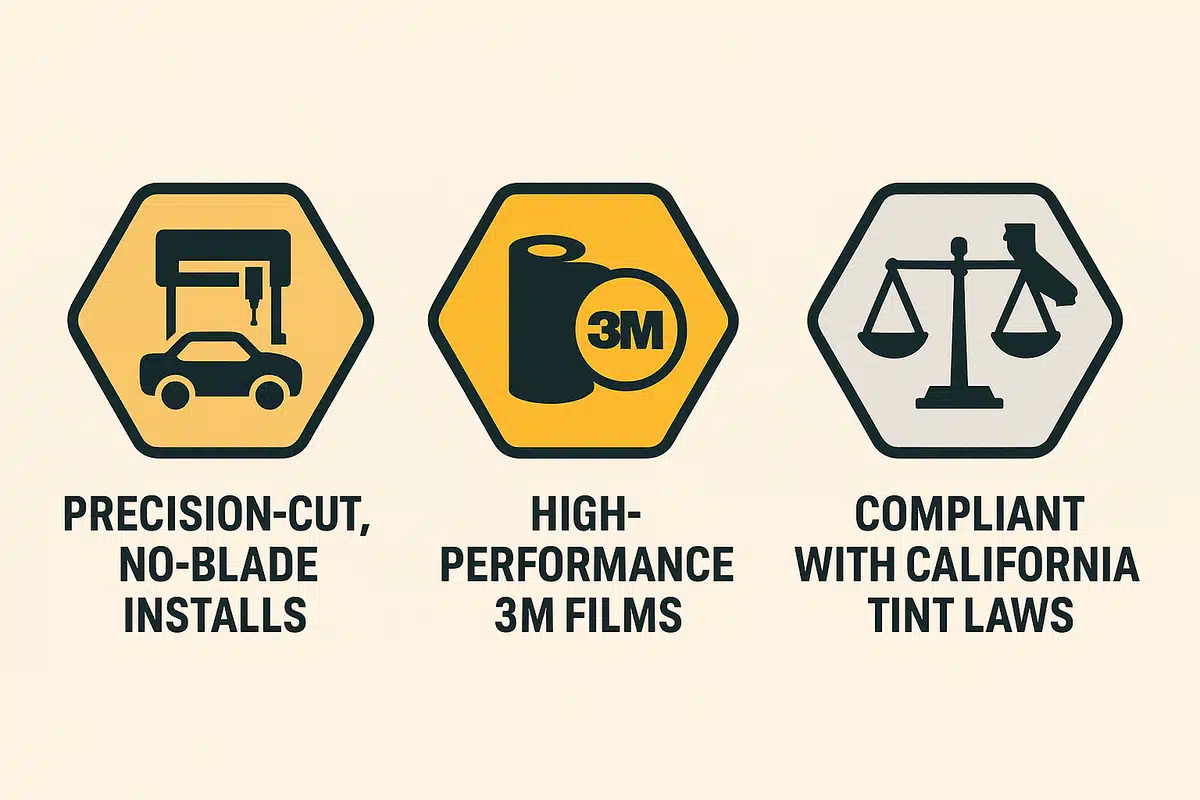 A 2d graphic of 3 signs, each showing a different reason to choose Carzwerk for Window Tinting San Leandro residents can rely on!