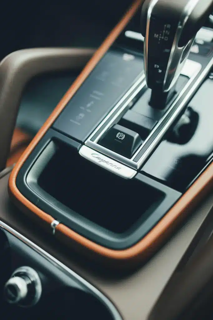 The stick shift of a Porsche Cayenne after detailing.